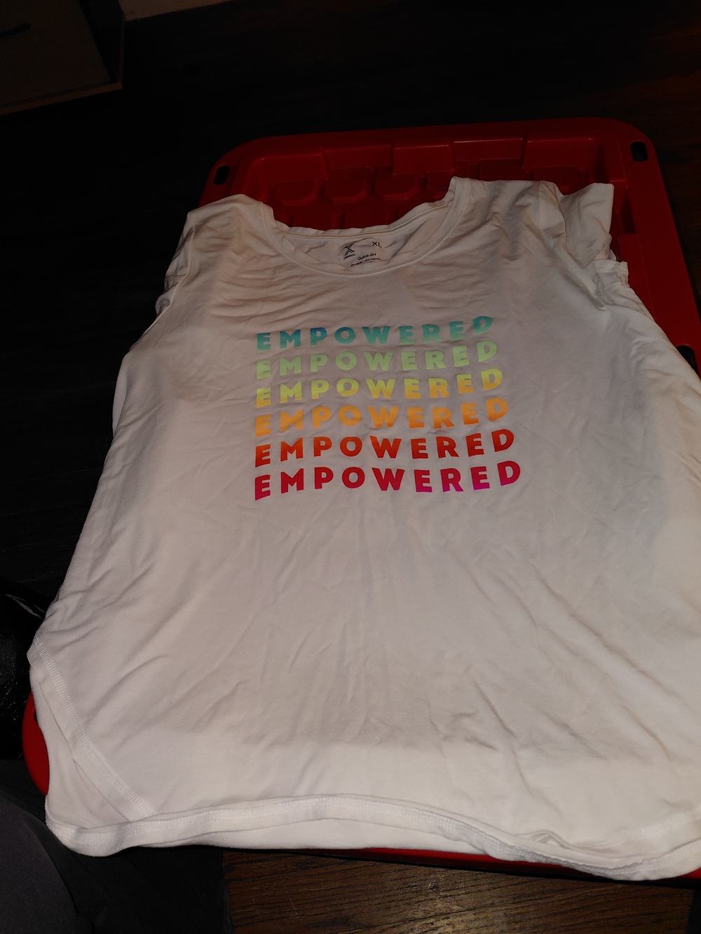 Xersion White Short Sleeve Tee with Rainbow "EMPOWERED" Graphic